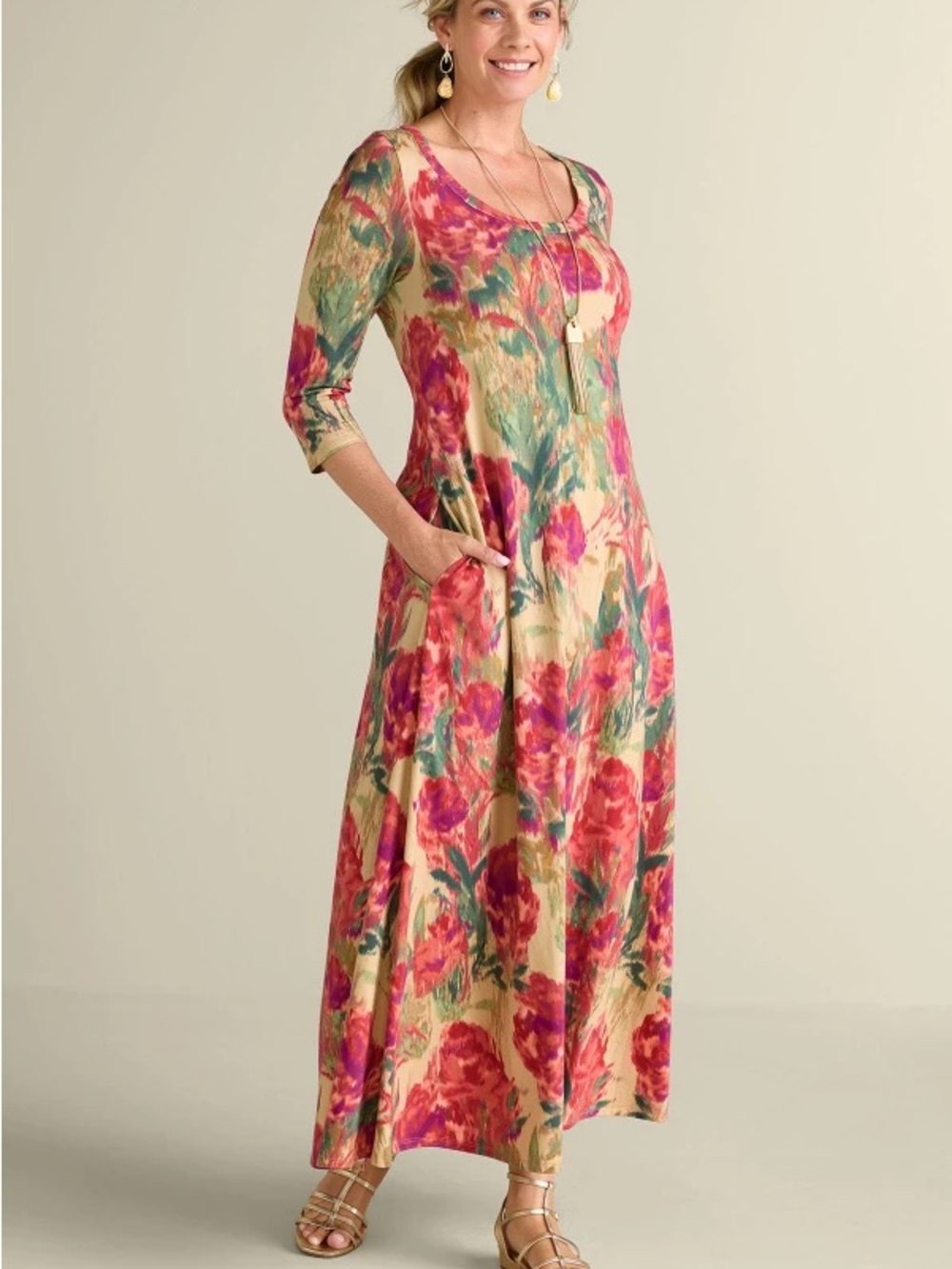 Santiago Abstract Rose ¾ Slv Maxi Dress, XL Tall